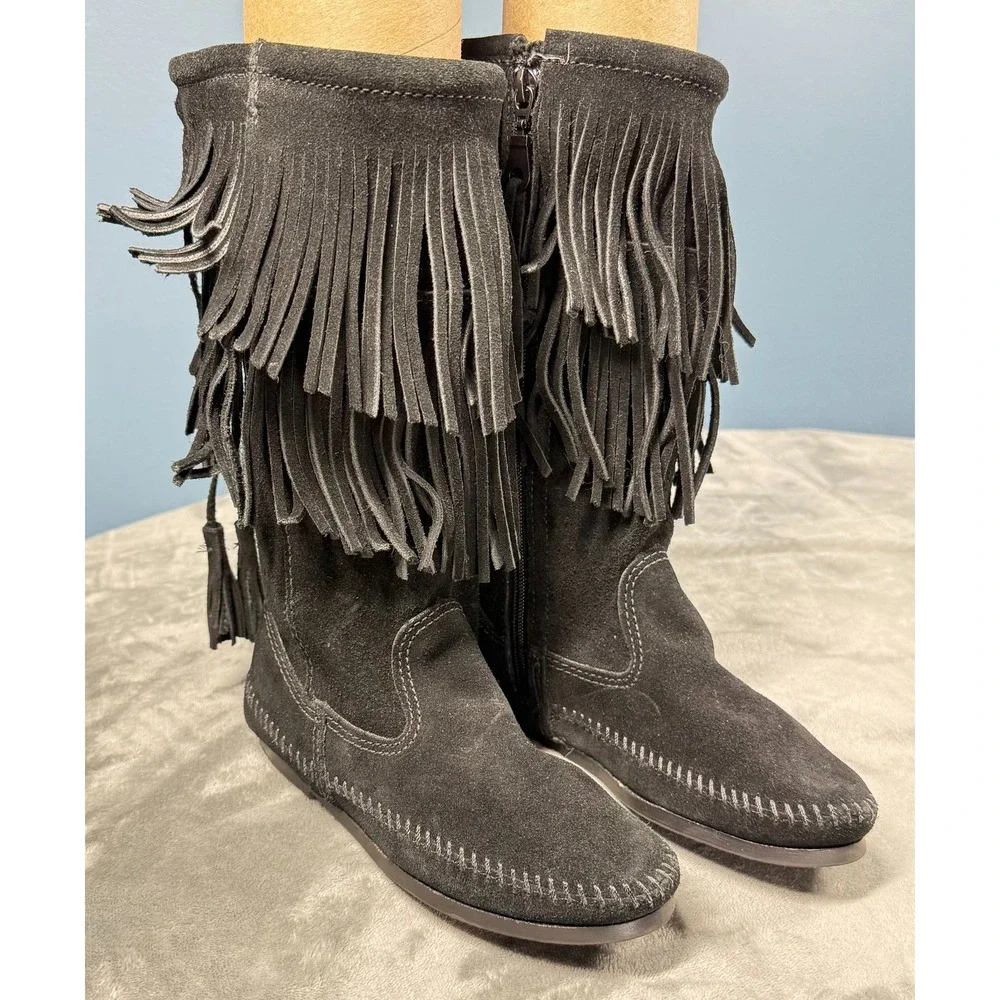 Minnetonka Boots Womens 5 Black Suede Fringe 3 Layer Moccasin Mid Calf